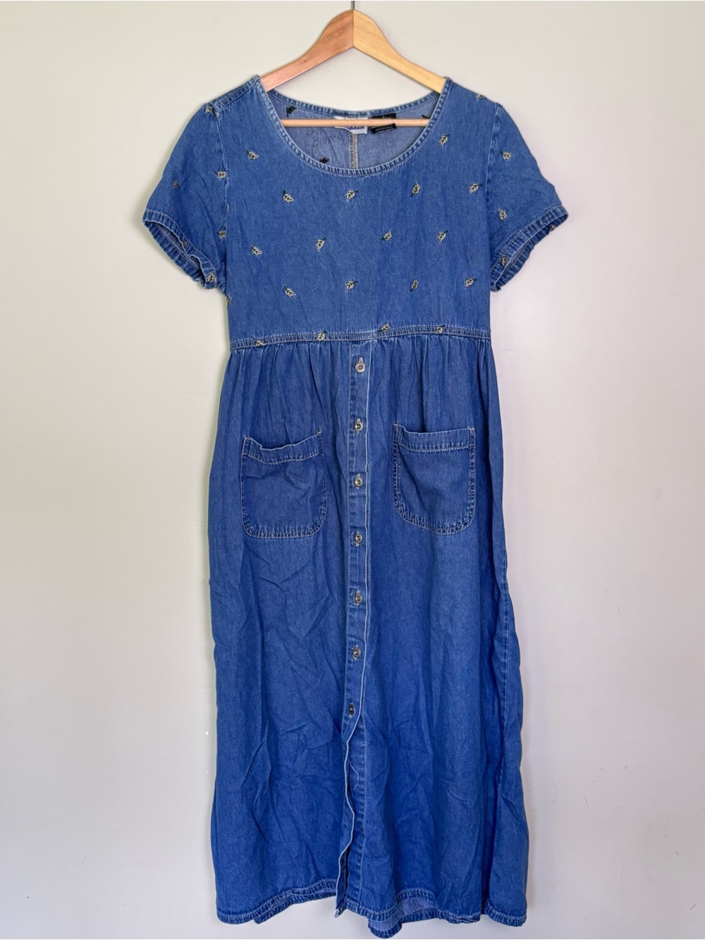 VTG Erika & Co Denim Embroidered Fall Leaves Maxi Dress-Pockets-Buttons-Sz L